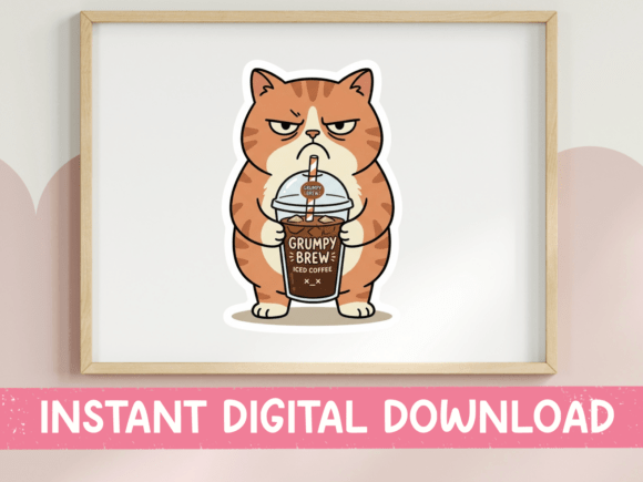 Grumpy Brew Iced Coffee Cat Print Graphics for T-Shirt Designs